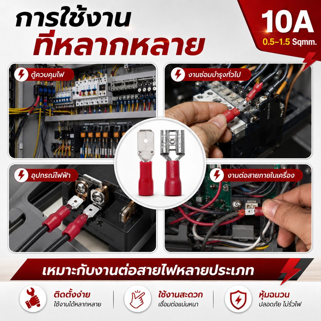100 ชิน) หางปลาเสียบเร็ว ตัวเมีย+ผู้ แดง แบบหุ้ม 10A 600V ขั้วต่อสายไฟ PVC มาตรฐานอุตสาหกรรม ส่งด่วน - Image 8