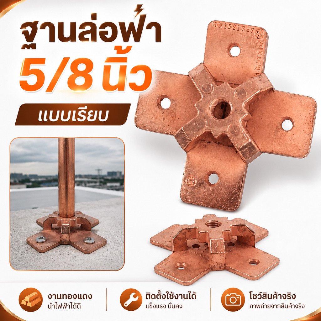 AP ฐานล่อฟ้า 5/8 นิ้ว แบบเรียบ ฐานกากบาททองแดง อุปกรณ์ติดตั้งระบบล่อฟ้า ใช้กับสาย 25-120 Sqmm - Image 2