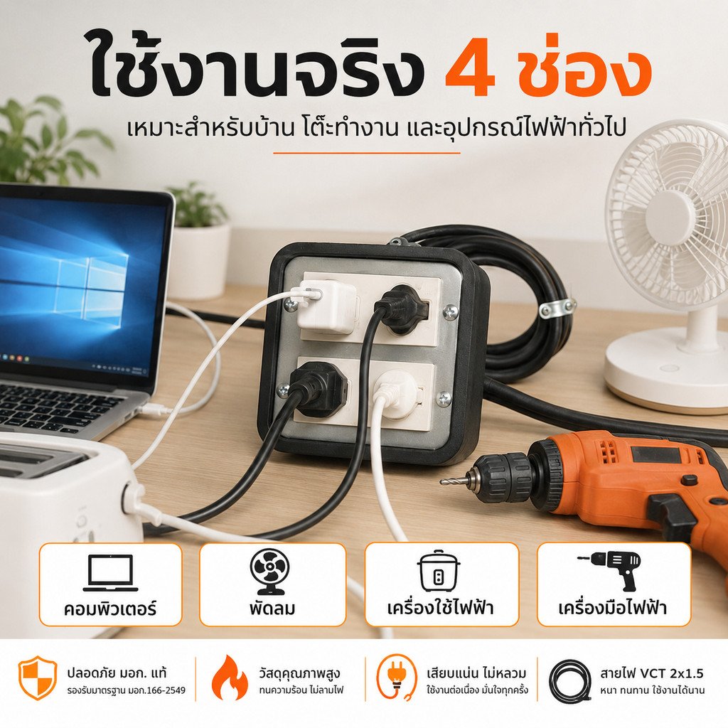 2-10 เมตร) JPS บล็อกยางประกอบ 4*4 พ่วงสาย 2*1.5 sqmm ปลั๊กไฟสนาม ปลั๊กกราวน์คุ่ ปลั๊กพ่วง บล็อกยาง ใช้งานได้ทุกที่ – 2 เมตร - Image 8