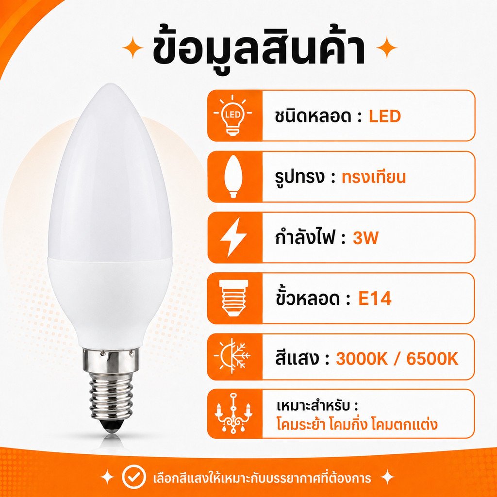 หลอดไฟ จำปา LED 3W ขั้ว E14 320 Lumen AC 85-265V เลือกแสง เหลือง Warmwhite 3000K / ขาว 6500K – แสงเหลือง Warm White - Image 4