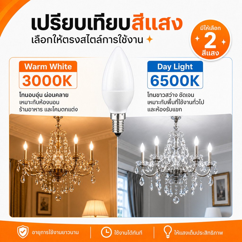 หลอดไฟ จำปา LED 3W ขั้ว E14 320 Lumen AC 85-265V เลือกแสง เหลือง Warmwhite 3000K / ขาว 6500K – แสงเหลือง Warm White - Image 5