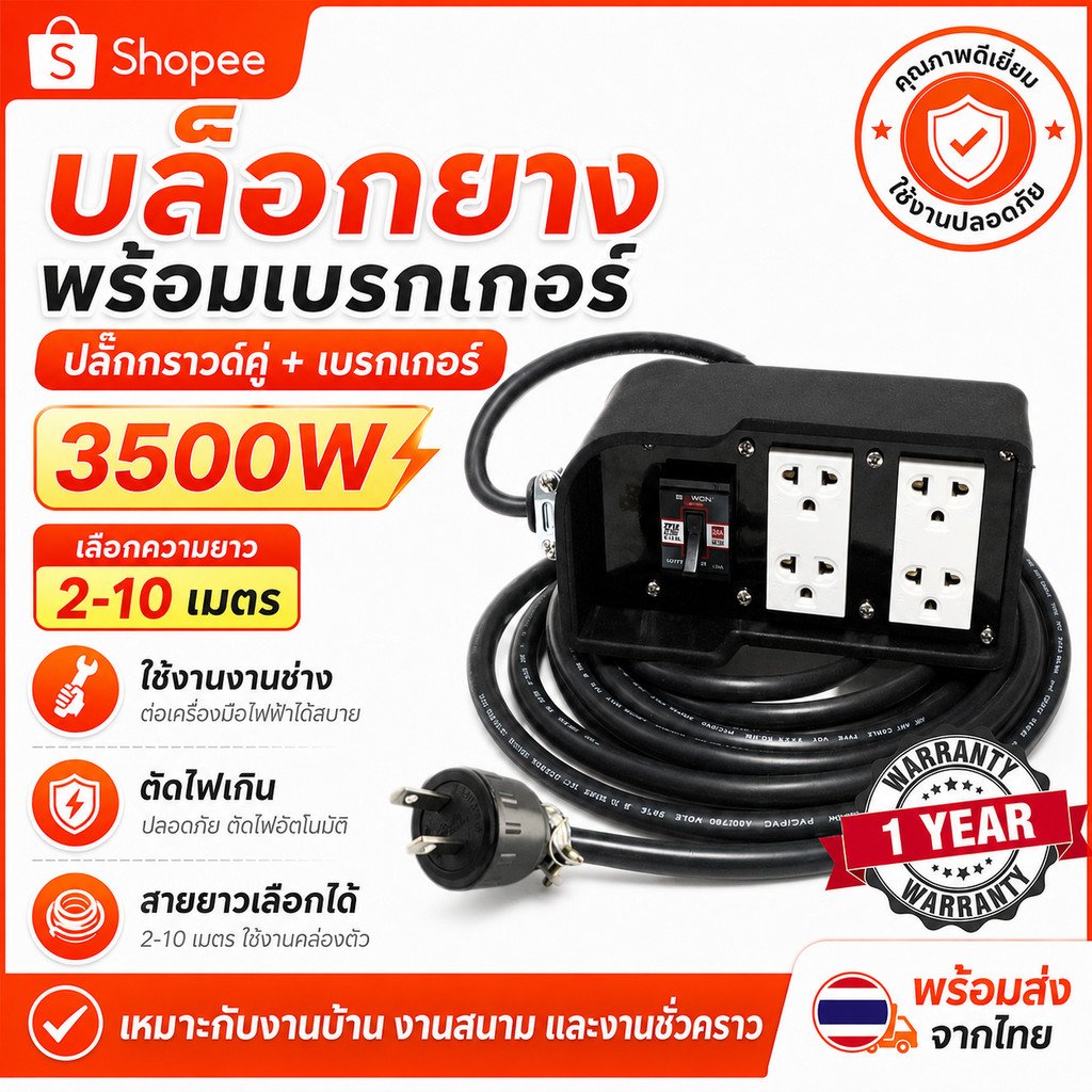 2-10 เมตร) Sentoshi บล็อกยาง ประกอบ รุ่นเบรกเกอร์ สายไฟ VCT 2*1.5 sqmm 3500W พร้อม ปลั๊กกราวน์คุ่ ปลั๊กพ่วง – 10 เมตร - Image 2