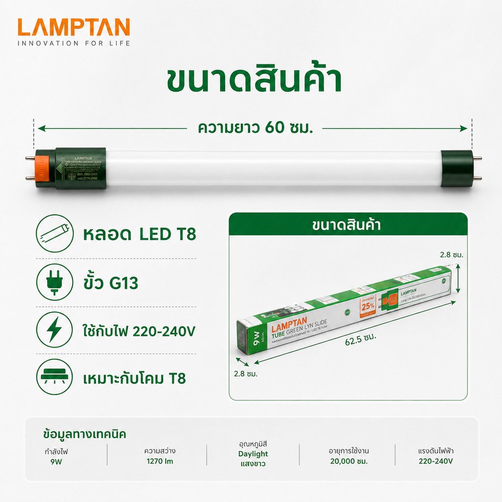 LAMPTAN หลอดไฟ LED T8 9W 60ซม. รุ่น LYN SLIDE แสงขาว Daylight 1270lm ขั้ว G13 หลอดยาว มอก. - Image 3