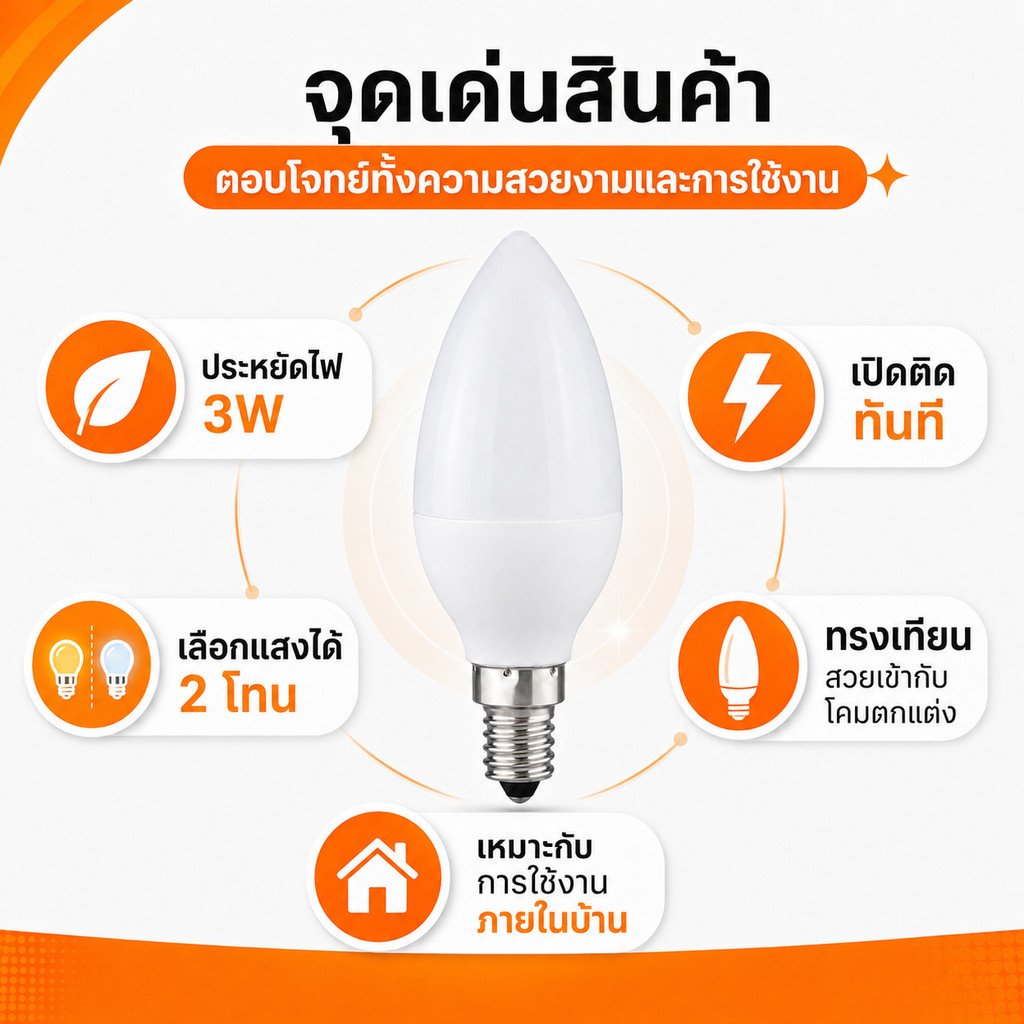 หลอดไฟ จำปา LED 3W ขั้ว E14 320 Lumen AC 85-265V เลือกแสง เหลือง Warmwhite 3000K / ขาว 6500K – แสงเหลือง Warm White - Image 6