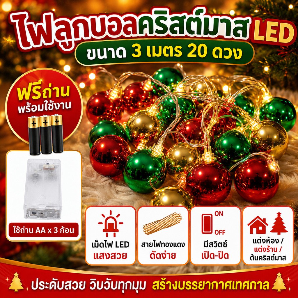 WR ไฟประดับ ตกแต่ง คริสมาสต์ ทรง ลูกบอล และ ดาวห้าแฉก LED 10/20/40 ดวง 2-5 เมตร ไฟตกแต่ง ต้นคริสต์มาส ไฟเทศกาล – ลูกบอล 40 LED 2 เมตร - Image 2