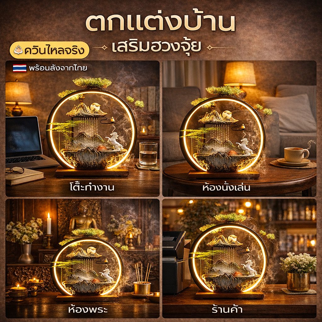 น้ำพุตกแต่งบ้าน LED พร้อมสัตว์มงคล และ หมอก น้ำตกจำลองภูเขา เซรามิกหรู มีไฟเปลี่ยนสี ของแต่งบ้านมงคล ใช้ไฟบ้าน 220V – เฉพาะโคม + ฐาน - Image 5