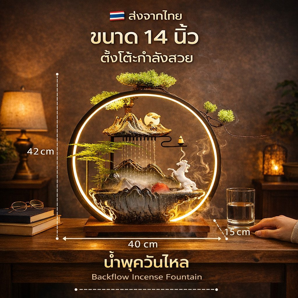 น้ำพุตกแต่งบ้าน LED พร้อมสัตว์มงคล และ หมอก น้ำตกจำลองภูเขา เซรามิกหรู มีไฟเปลี่ยนสี ของแต่งบ้านมงคล ใช้ไฟบ้าน 220V – เฉพาะโคม + ฐาน - Image 4