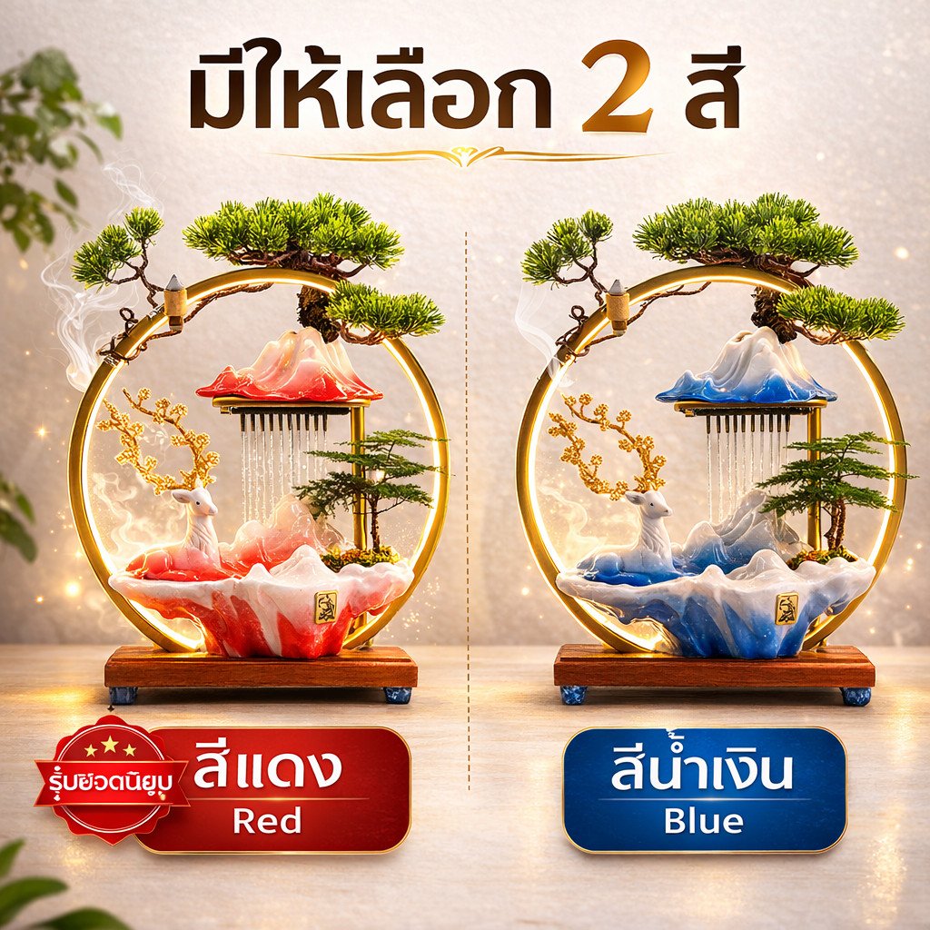 น้ำพุแต่งบ้าน LED สไตล์ Zen น้ำตกจำลอง ธูปย้อนควัน กวางทอง ต้นสน เซรามิกหรู พร้อมปั๊มน้ำ เครื่องพ่นหมอก USB – เฉาโคม + ฐาน - Image 2