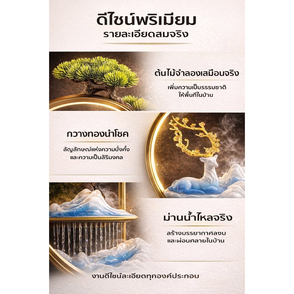 น้ำพุแต่งบ้าน LED สไตล์ Zen น้ำตกจำลอง ธูปย้อนควัน กวางทอง ต้นสน เซรามิกหรู พร้อมปั๊มน้ำ เครื่องพ่นหมอก USB – เฉาโคม + ฐาน - Image 5