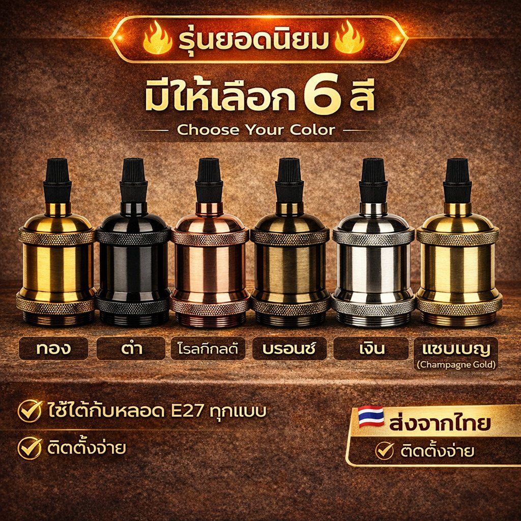 เลือกสีได้ ขั้วพร้อมฐาน โคมแขวนวินเทจ Retro E27 10A 250V พร้อมสาย ปรับระดับได้ ตกแต่งบ้าน ร้านอาหาร คาเฟ่ บาร์ สตูดิโอ – เงิน - Image 3
