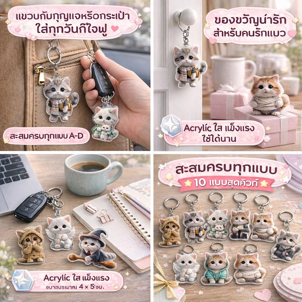 พวงกุญแจ อะคลีลิค รูป แมวน่ารัก ขนาด 4-8 ซม. Cute Cat Keychain ของขวัญทาสแมว พวงกุญแจห้อยกระเป๋า – A - Image 4