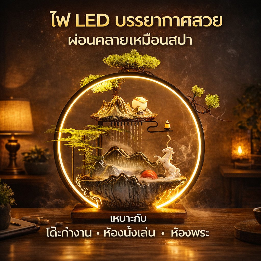 น้ำพุตกแต่งบ้าน LED พร้อมสัตว์มงคล และ หมอก น้ำตกจำลองภูเขา เซรามิกหรู มีไฟเปลี่ยนสี ของแต่งบ้านมงคล ใช้ไฟบ้าน 220V – เฉพาะโคม + ฐาน - Image 3