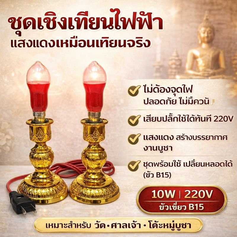 Zeazon ชุด เชิงเทียน ไฟฟ้า พร้อม หลอด ทรงมะละกอ แดง 15W 220V สำหรับ ตกแต่งศาล