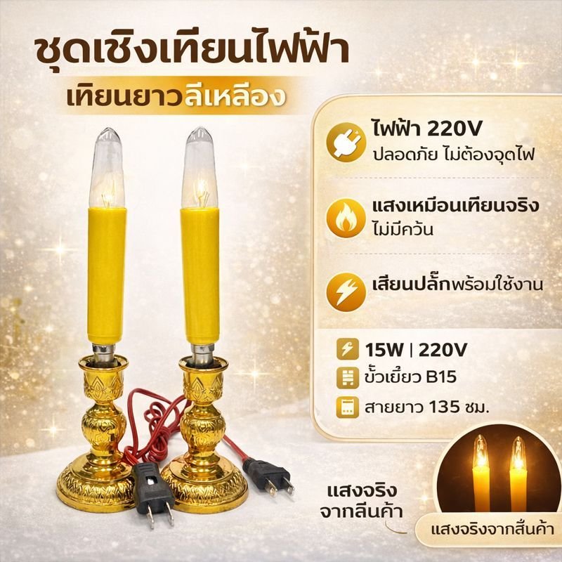 Superlamp (แพ็ค 2 ชิ้น) ชุด เชิงเทียน ไฟฟ้า ขั้วเขี้ยว B15 พร้อม เทียน ยาว เหลือง 15W 220V - Image 2
