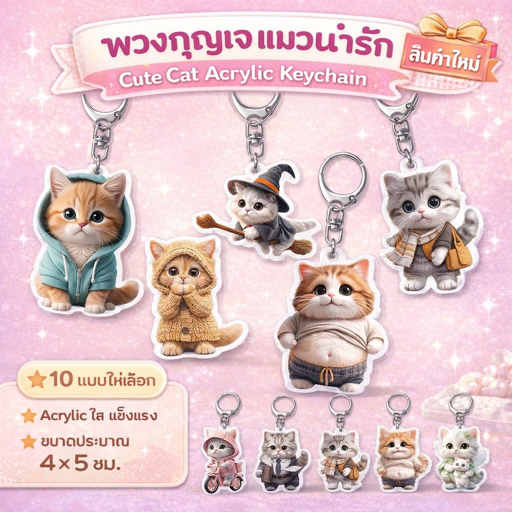 พวงกุญแจ อะคลีลิค รูป แมวน่ารัก ขนาด 4-8 ซม. Cute Cat Keychain ของขวัญทาสแมว พวงกุญแจห้อยกระเป๋า – A - Image 2