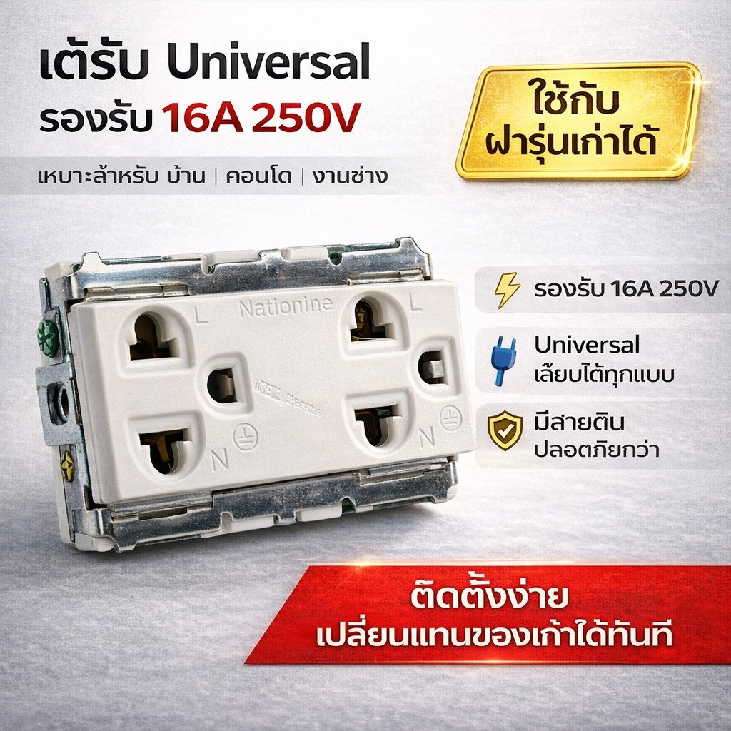 Nationine ปลั๊กกราวน์คู่ เก่า รุ่น Wng 15923-7 ฝัง สีครีม 16A 250V