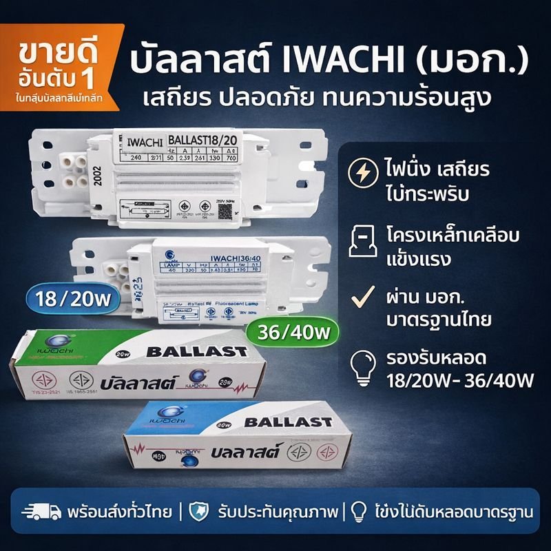 Iwachi บัลลาสต์ แกนเหล็ก ใช้สำหรับหลอด T8 18W 36W อย่างดี ขดลวด สีขาว ใช้งานได้ทน 10 ปี ใช้งานได้ทั้งหลอดไส้ – 36W - Image 2