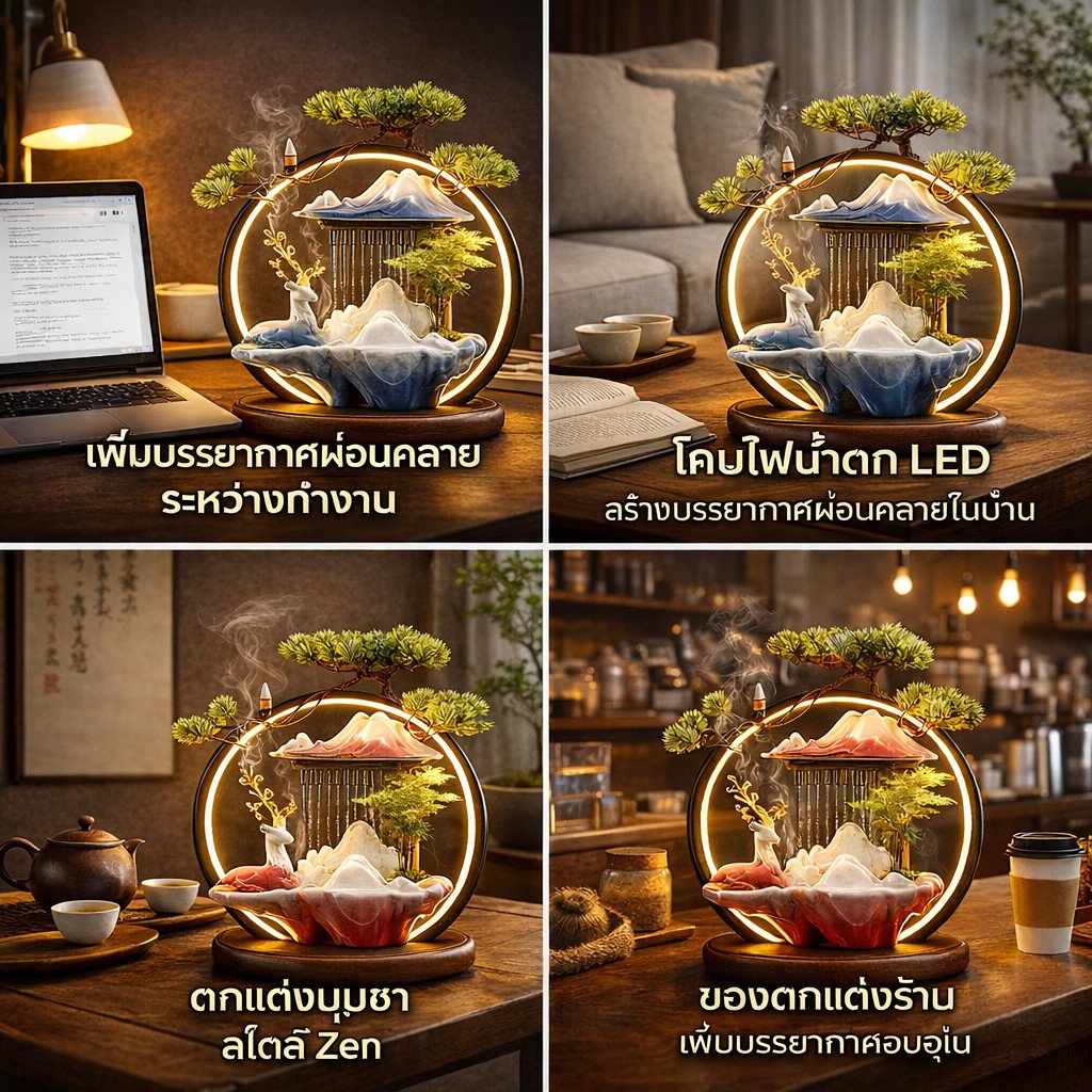 น้ำพุแต่งบ้าน LED สไตล์ Zen น้ำตกจำลอง ธูปย้อนควัน กวางทอง ต้นสน เซรามิกหรู พร้อมปั๊มน้ำ เครื่องพ่นหมอก USB – เฉาโคม + ฐาน - Image 6