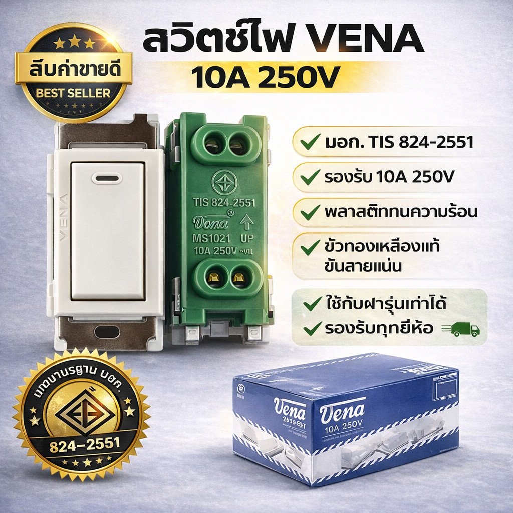 มีราคาส่่ง Vena สวิตช์เมจิ ฝัง รุ่นเก่า Full-Color สีครีม 10A 250V ใช้กับฝารุ่นเก่าได้ ทุกรุ่น มอก. 854-2551 ทนทาน