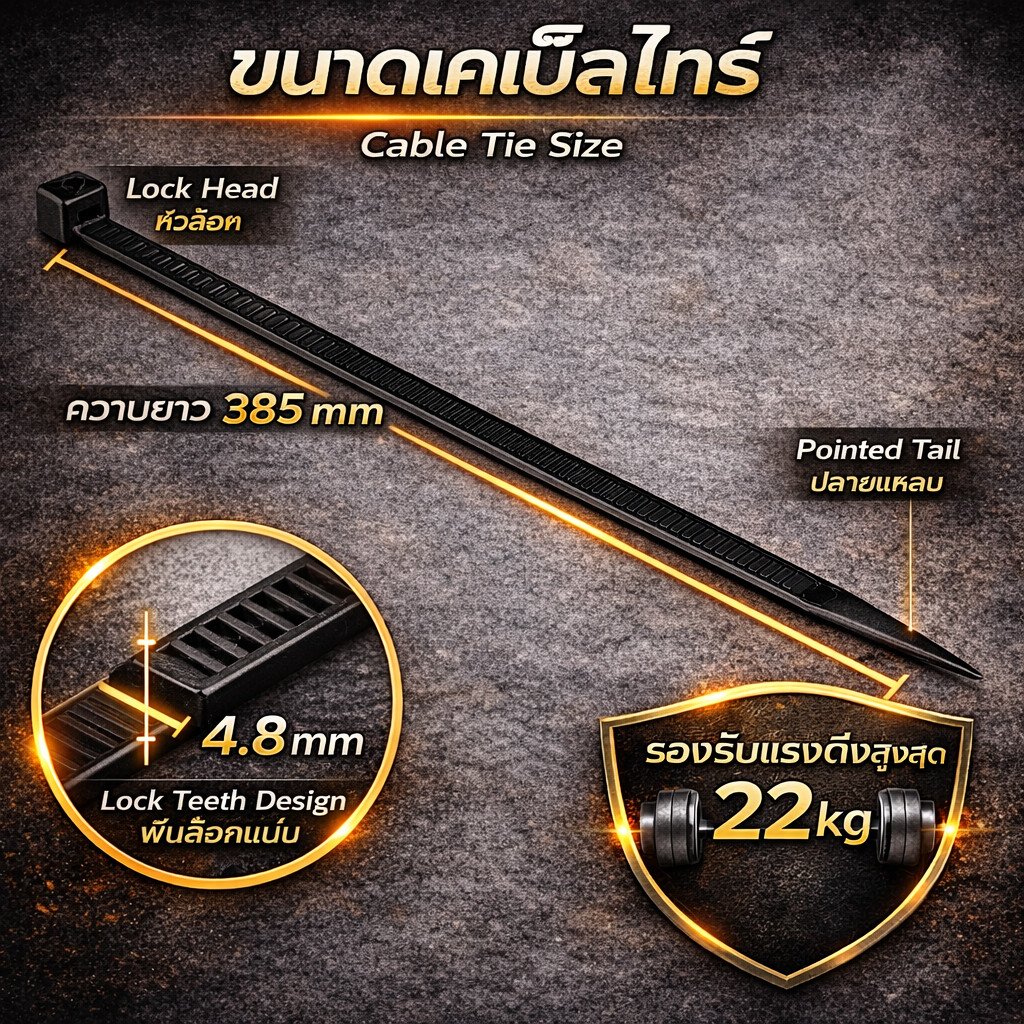 รุ่นหนา อย่างดี (5 เส้น) BANDEX Cable Tie เคเบิ้ลไทร์ สายรัดพลาสติก ขนาด 15 นิ้ว Nylon 66 ขนาด 385 mm x 4.8mm - Image 3