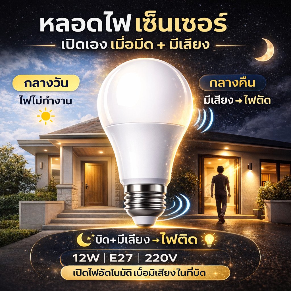 หลอดไฟ LED Light Sensor 12W ขั้ว E27 เปิดปิดอัตโนมัติ แสงขาว 6500K ประหยัดไฟ ใช้หน้าบ้าน โถงบันได โรงรถ – ธรรมดา 13W - Image 2