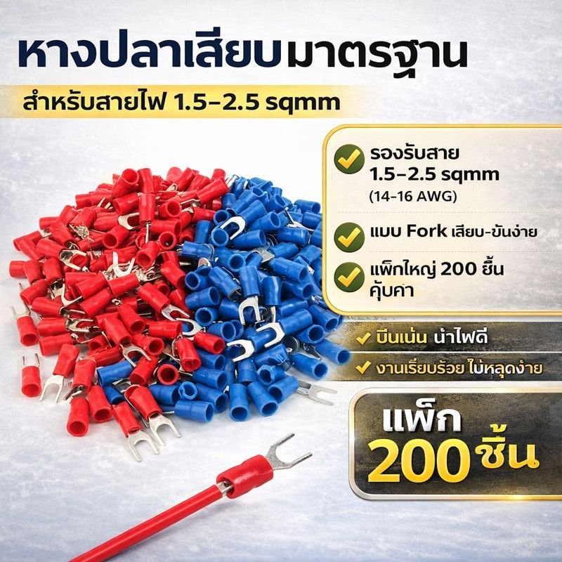 TJR (แพ็ค 200 ชิ้น) หางปลา แฉกเปลือย สำหรับสายไฟ ขนาด 16-14 AWG 1.5-2.5 Sqmm ตัวเชื่อม