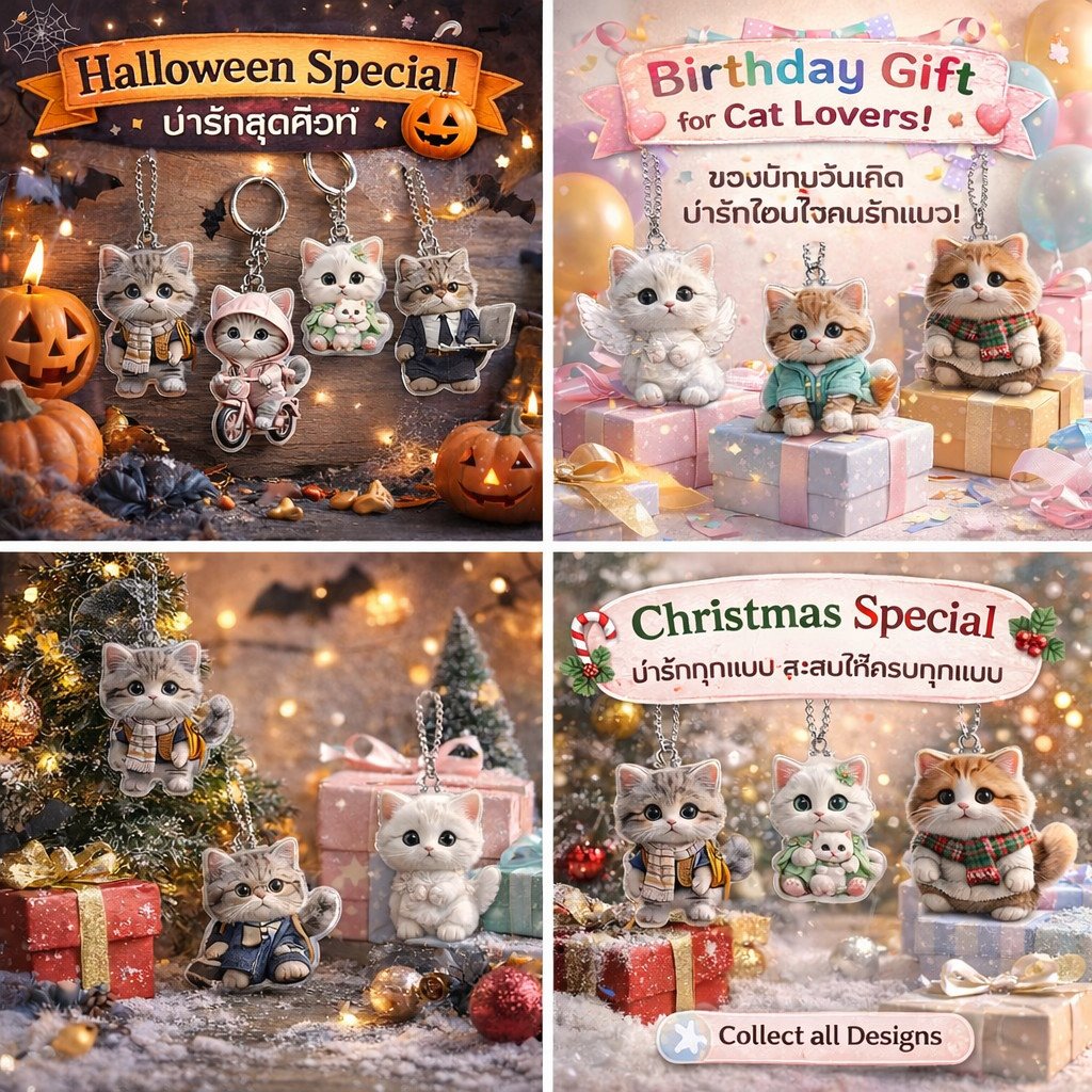 พวงกุญแจ อะคลีลิค รูป แมวน่ารัก ขนาด 4-8 ซม. Cute Cat Keychain ของขวัญทาสแมว พวงกุญแจห้อยกระเป๋า – A - Image 3
