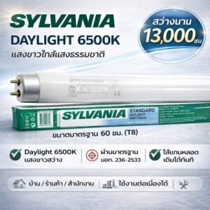 หลอดไฟ T8 Sylvania รุ่น Standard Daylight 18W แสงธรรมชาติ คมชัด ปลอดภัยและประหยัดพลังงาน แสงสีขาวเย็น 6500K