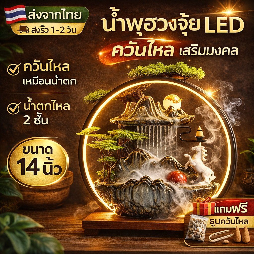 น้ำพุตกแต่งบ้าน LED พร้อมสัตว์มงคล และ หมอก น้ำตกจำลองภูเขา เซรามิกหรู มีไฟเปลี่ยนสี ของแต่งบ้านมงคล ใช้ไฟบ้าน 220V – เฉพาะโคม + ฐาน - Image 2