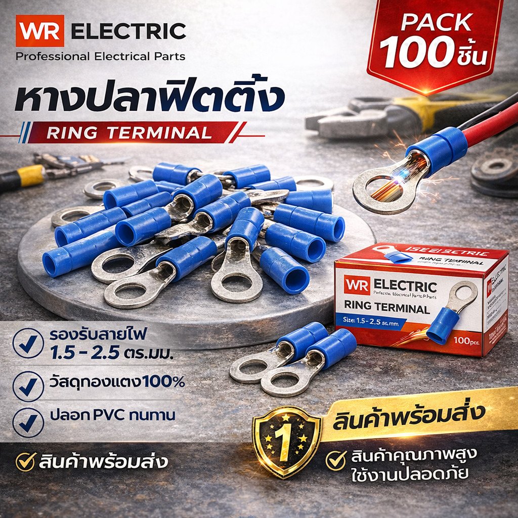 แพ็ค 100 ชิ้น) SALE หางปลา หัวกลมแบบกลมหุ้ม (RF) ใช้กับสายไฟ 1.5-2.5 Sqmm. 19A 600V สกรู M4