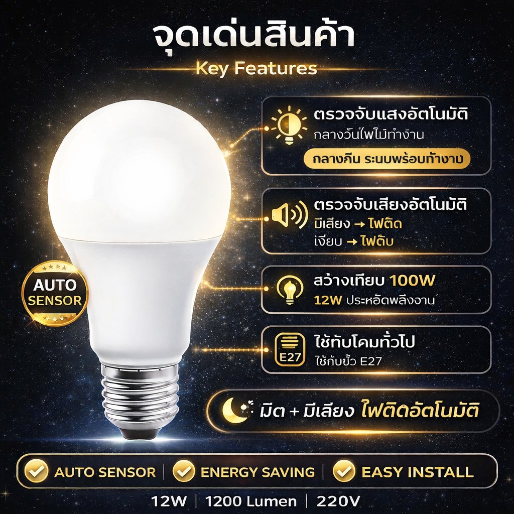หลอดไฟ LED Light Sensor 12W ขั้ว E27 เปิดปิดอัตโนมัติ แสงขาว 6500K ประหยัดไฟ ใช้หน้าบ้าน โถงบันได โรงรถ – ธรรมดา 13W - Image 6
