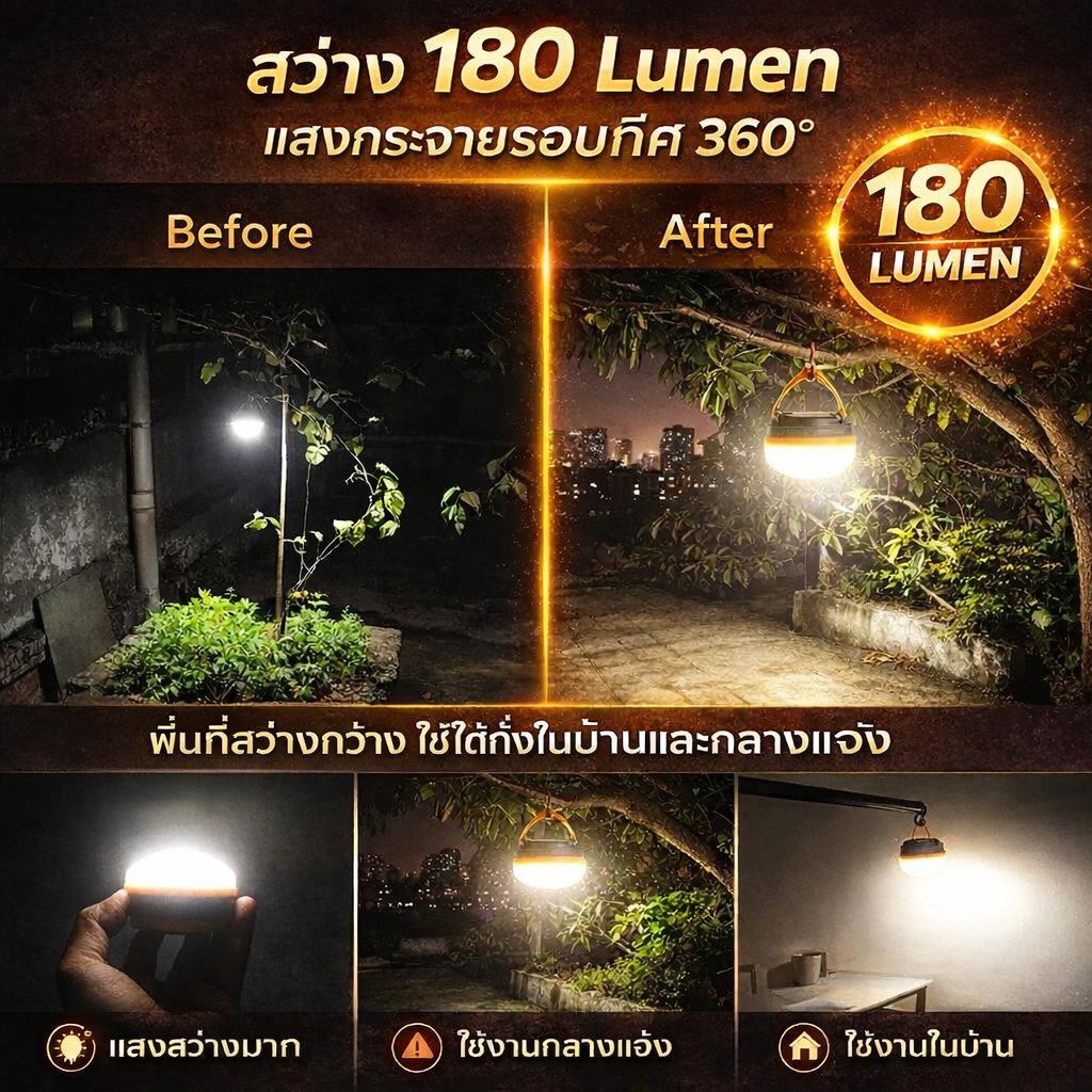 โคมไฟ LED แคมป์ปิ้ง รุ่น LY-YD2 แบบพกพา 180 ลูเมน | ไฟแขวนเต็นท์พร้อมตะขอ ปรับความสว่างได้ 5 ระดับ ใช้ถ่าน AAA 3 ก้อน - Image 6