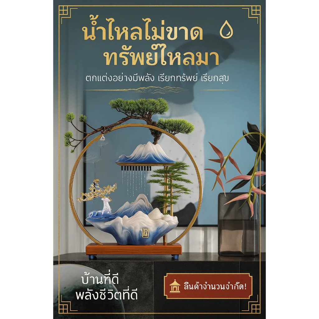 น้ำพุแต่งบ้าน LED สไตล์ Zen น้ำตกจำลอง ธูปย้อนควัน กวางทอง ต้นสน เซรามิกหรู พร้อมปั๊มน้ำ เครื่องพ่นหมอก USB – เฉาโคม + ฐาน - Image 9