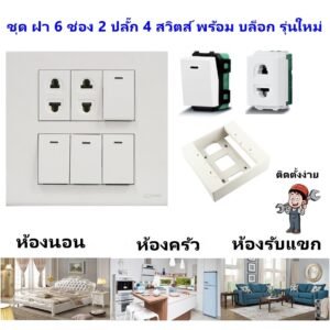 Chang ชุด ฝา 4-6 ช่อง พร้อม ปลั๊ก สวิตส์ ปลั๊กกราวด์คู่ ปลั๊กกราวน์เดี่ยว รุ่นใหม่ 16A 250V พร้อมบล๊อกลอย ขนาด 4*4 นิ้ว – 2 ปลั๊ก 4 สวิตส์