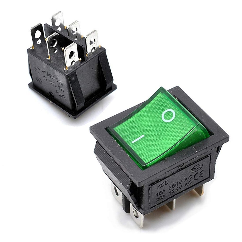 TJR สวิตช์กระดกใหญ่ มีไฟ สีแดง Rocker Switch 16A 250V / 20A 125V สวิตช์เปิดปิดไฟ เลือกได้ 4 ขา / 6 ขา สำหรับปลั๊กพ่วง รา – เขียว 6 ขา