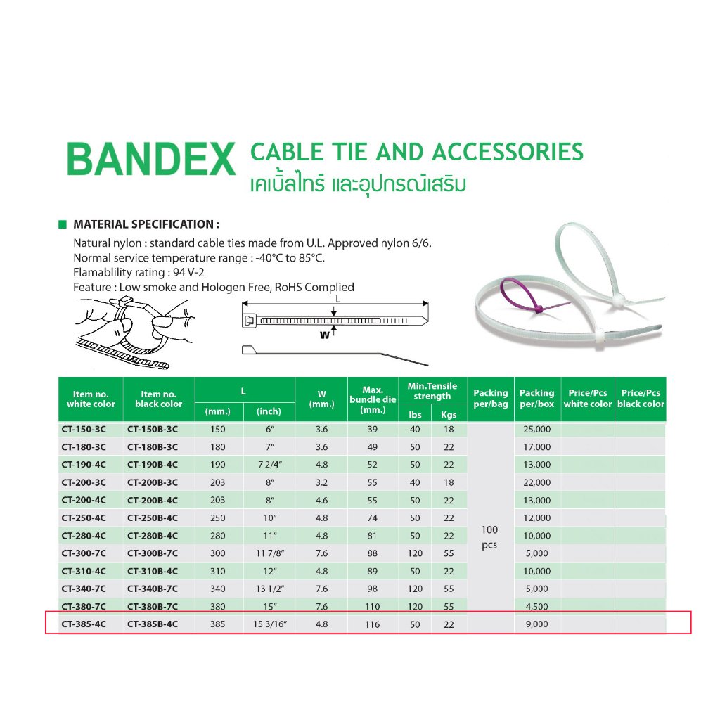 รุ่นหนา อย่างดี (5 เส้น) BANDEX Cable Tie เคเบิ้ลไทร์ สายรัดพลาสติก ขนาด 15 นิ้ว Nylon 66 ขนาด 385 mm x 4.8mm - Image 7