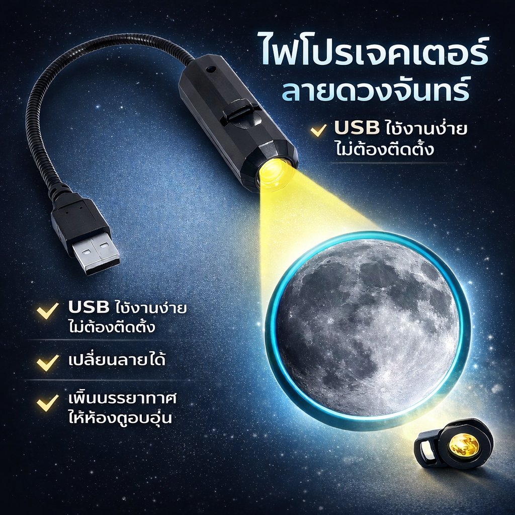 ตื่นเต้น ทุกคืน โคมไฟโปรเจคเตอร์ดาว Planet Projector Lamp เสียบ USB เปลี่ยนลายได้ 10 แบบ ไฟก่อนนอน ของขวัญ - Image 7