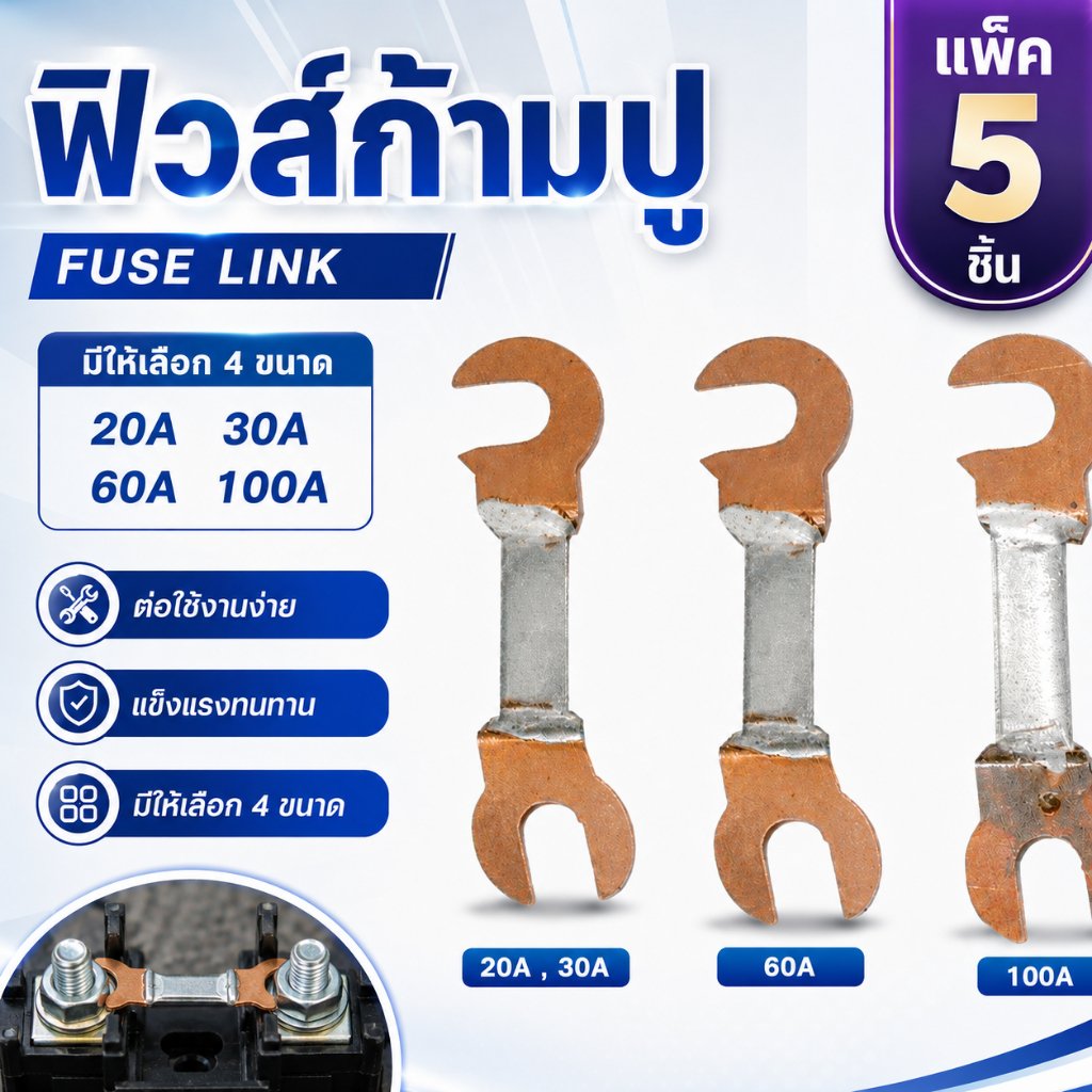 Chang (แพ็ค 5 เส้น) ฟิวส์ก้ามปู 30/60/100A ใช้ได้ทั้ง คัทเอาท์ 2P 3P ฟิวส์ ระบบไฟฟ้า ทองแดงแท้ 100% – 100A,5 เส้น