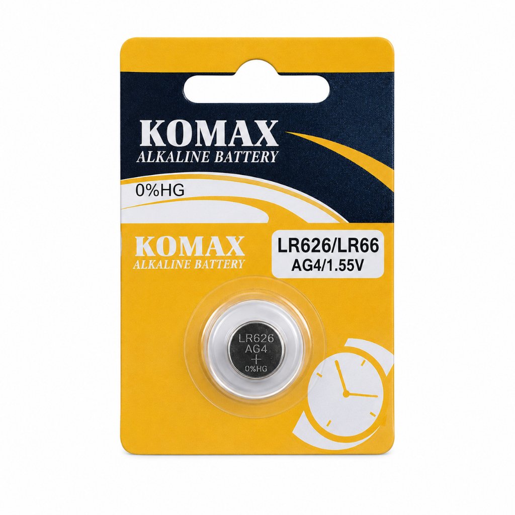 ถ่านกระดุม KOMAX AG4 LR626 LR66 1.55V ถ่านนาฬิกา ถ่านเครื่องคิดเลข เทียบเบอร์ 377 SR626 – 1 ชิ้น