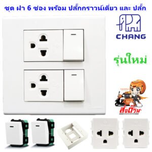 Chang ชุด ฝา 4-6 ช่อง พร้อม ปลั๊ก สวิตส์ ปลั๊กกราวด์คู่ ปลั๊กกราวน์เดี่ยว รุ่นใหม่ 16A 250V พร้อมบล๊อกลอย ขนาด 4*4 นิ้ว – 2 สวิตส์ 2 กราวเดี่ย