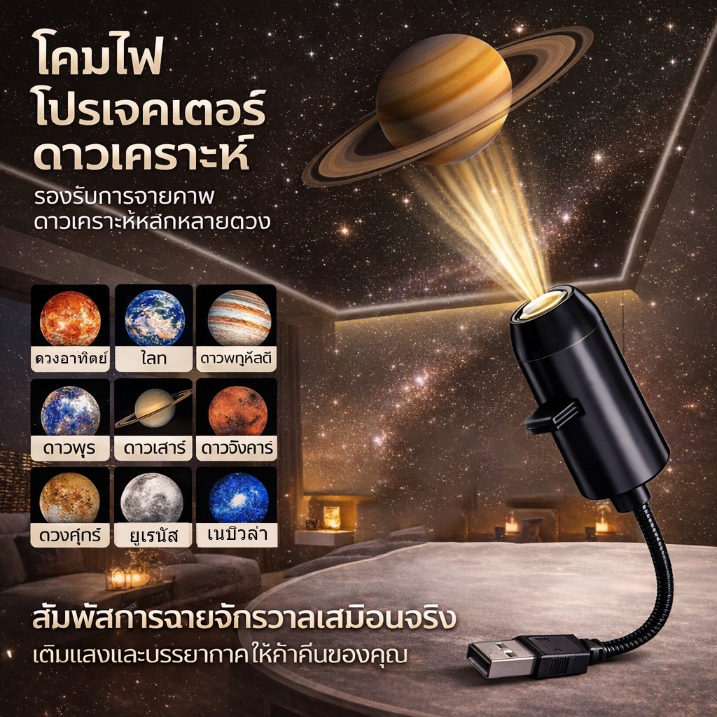 ตื่นเต้น ทุกคืน โคมไฟโปรเจคเตอร์ดาว Planet Projector Lamp เสียบ USB เปลี่ยนลายได้ 10 แบบ ไฟก่อนนอน ของขวัญ - Image 4
