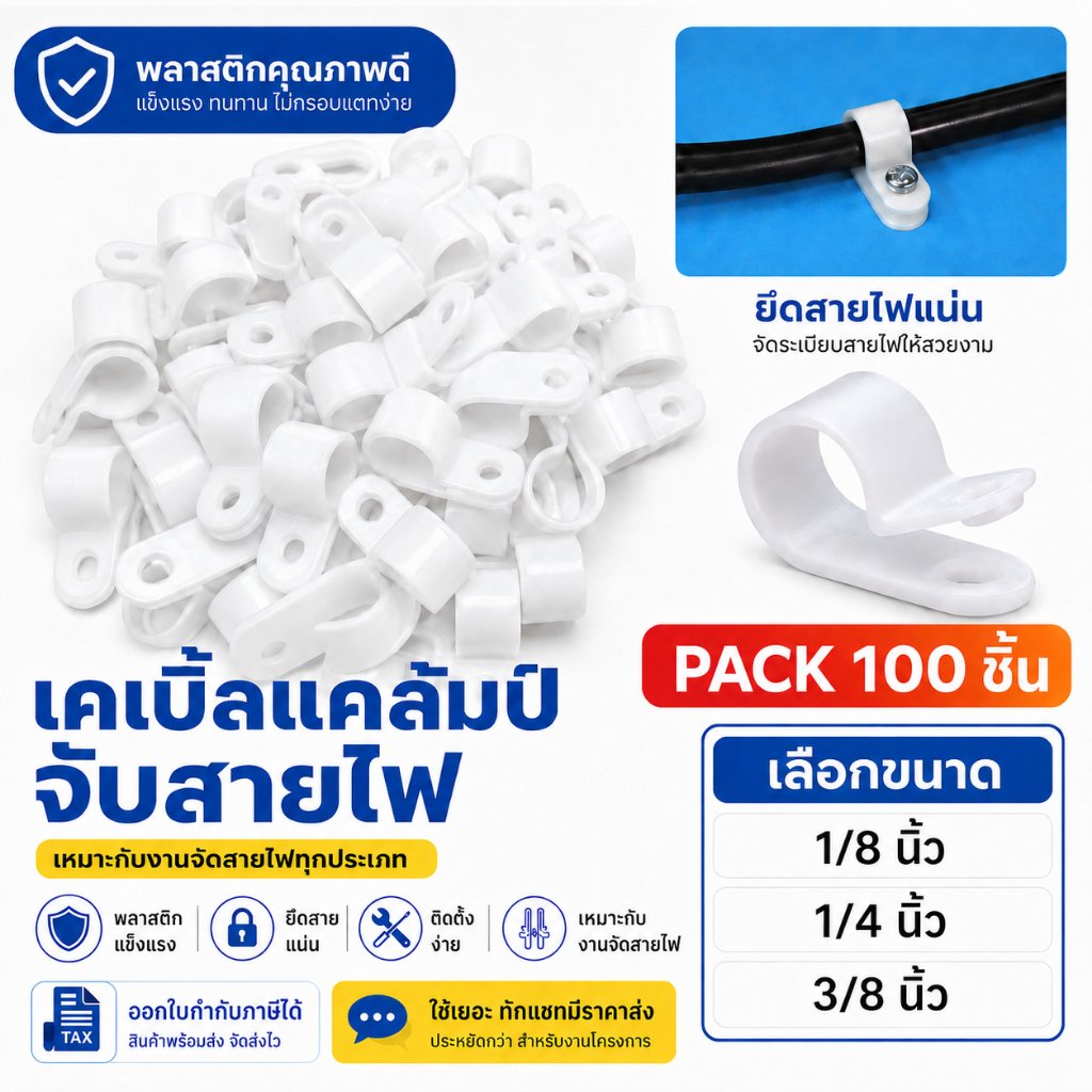 WR (แพ็ค 100 ชิ้น) เคเบิ้ล แคล้ม ตัว จับสายไฟ 1/4 , 1/8 , 3/8นิ้ว พลาสติก R-Type ตัวยึดสายไฟ – 1/8 นิ้ว - 10 ชิ้น - Image 2